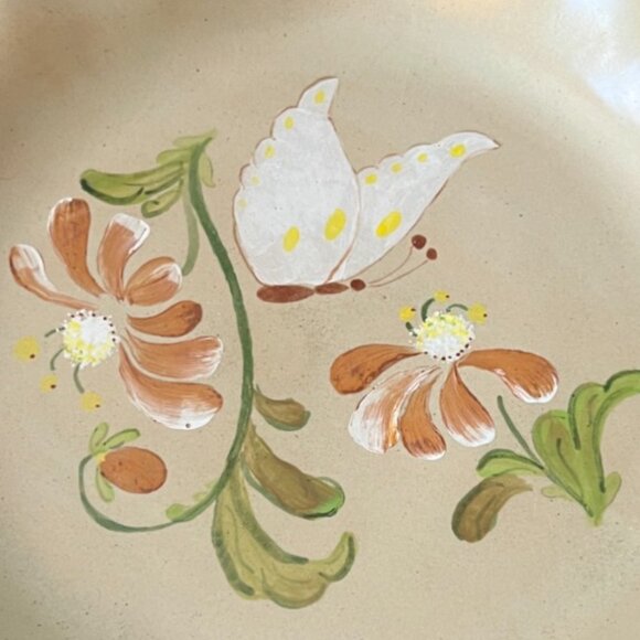 Vtg 1985 PIE PLATE Stoneware Signed Handpainted Ruffled Fluted Oven Safe Floral - Picture 2 of 14